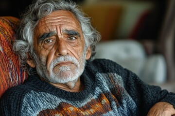Elderly man with gray hair wearing a sweater looks thoughtfully while seated indoors in a cozy environment