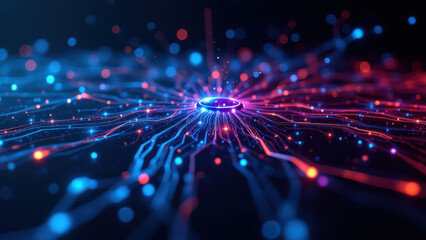 Naklejka premium A vibrant digital illustration depicting a network of interconnected nodes symbolizing the complex operations of CI/CD pipelines within DevOps environments.