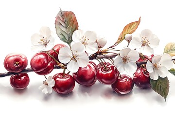 Watercolor Still Life of Cherries and Blossoms