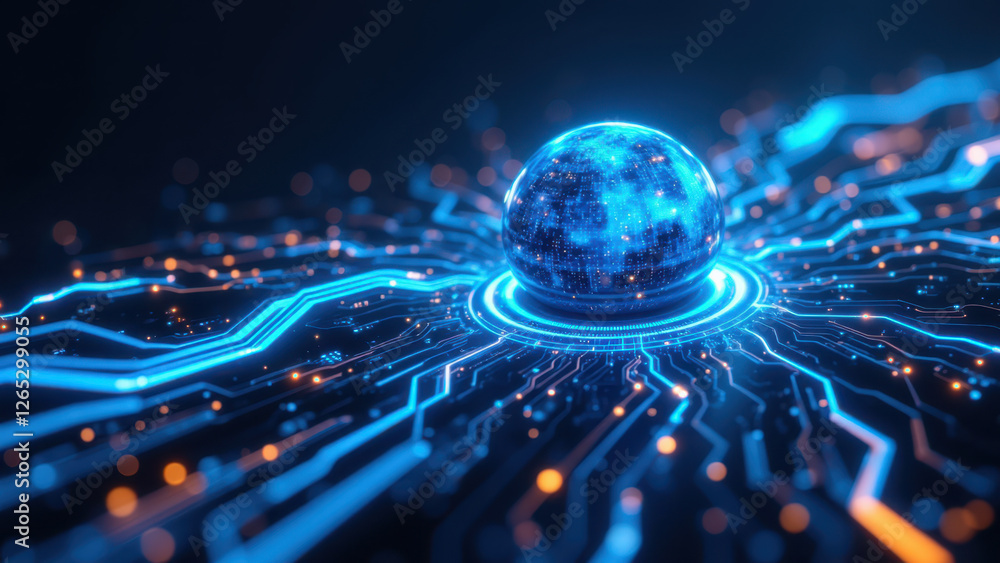 Aufkleber digital art of a globe at the center of a blue network with abstract technology elements.