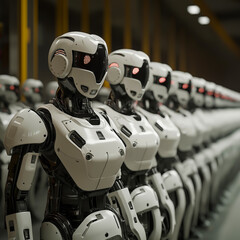 Fototapeta premium Row of humanoid robots standing in a line in a futuristic factory, artificial intelligence concept