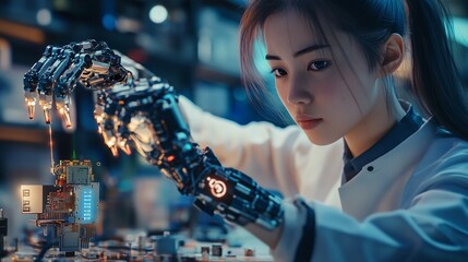 Asian Female Programmer Using Virtual Reality Headset for Learning