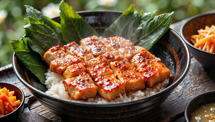 Fototapeta premium Savory samgyeopsal served with rice and kimchi in outdoor garden, culinary delight
