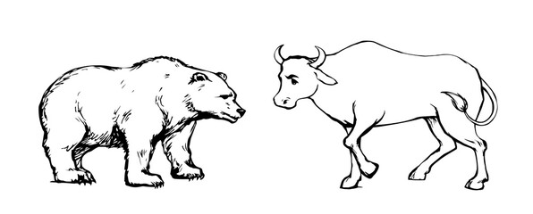 Vector drawing. Big cow and bear