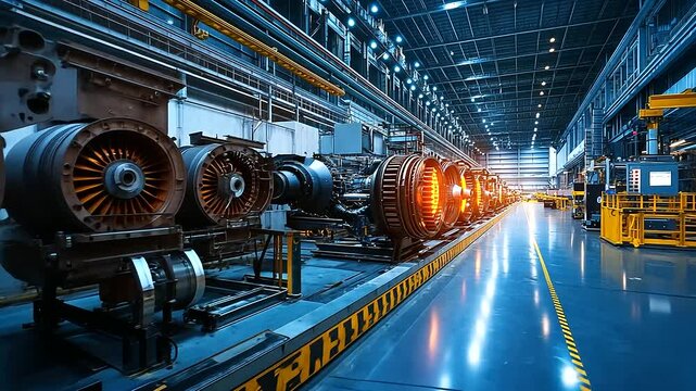 A precision-engineered turbine generator, in a large-scale aerospace manufacturing plant, surrounded by glowing indicator screens and high-tech factory equipment.