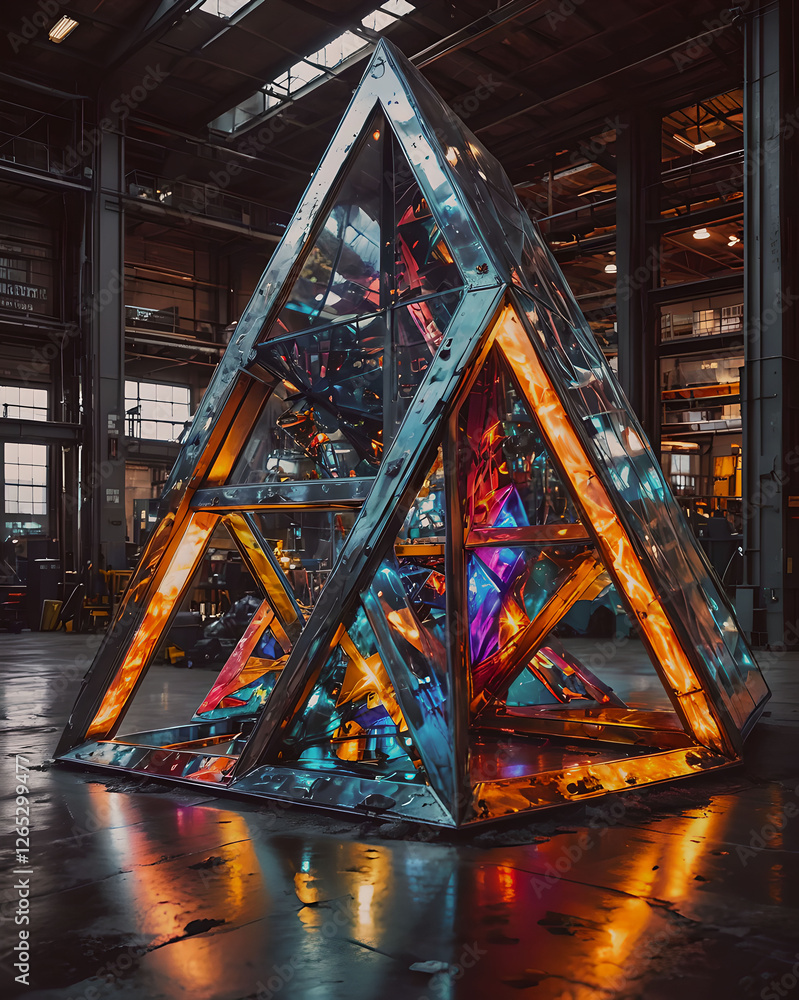 Aufkleber 3d rendering of a futuristic building in a factory, illuminated by multicolored lights