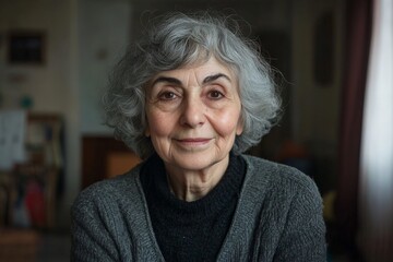 Elderly woman with gray hair smiles warmly in a cozy indoor setting during the daytime