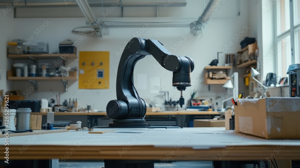 Poster robotic arm stands on a workbench in a brightly lit workshop, potentially involved in a manufacturin