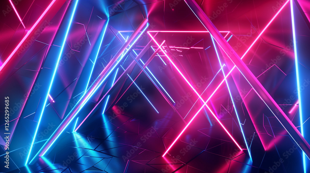 Poster abstract neon background with glowing blue, red, and pink triangles forming dynamic geometric shapes