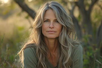 Naklejka premium Portrait of a woman in nature during golden hour, showcasing natural beauty and serene expression in a tranquil outdoor setting