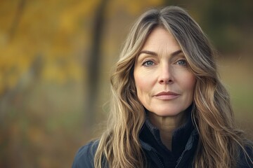 Woman with long hair stands outdoors surrounded by autumn foliage, displaying a calm and confident expression