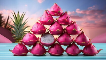 vibrant pink dragon fruit halves nestled in a geometric pyramid