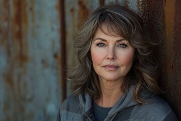 Fototapeta premium Portrait of a middle-aged woman with wavy hair standing against a weathered metal backdrop in natural light
