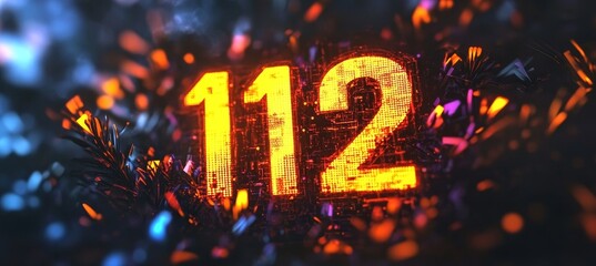 Glowing Digital 3D Number 112 in Futuristic Style on an Abstract Animated Background