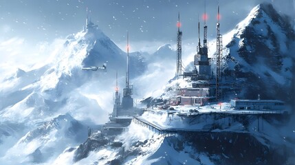 Obraz premium Snow-covered mountain landscape with communication towers and futuristic structures under a cloudy sky