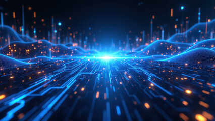 Fototapeta premium A dynamic digital abstract illustration of a network with flowing blue lights on a dark background, symbolizing technology and connectivity often associated with DevOps concepts such as CI/CD pipeline