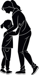 Minimalistic black silhouette of a loving mother embracing and hugging her baby, showcasing a tender and emotional connection, illustrating the bond of motherhood and the warmth of unconditional love
