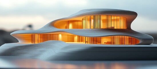 Futuristic architectural model of a modern house with illuminated interiors at dusk.