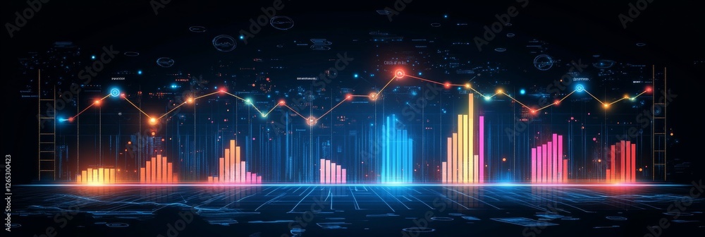 Poster vibrant data visualization gradient blue bar graph and overlaying line chart on dark backdrop