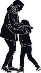 Minimalistic black silhouette of a loving mother embracing and hugging her baby, showcasing a tender and emotional connection, illustrating the bond of motherhood and the warmth of unconditional love