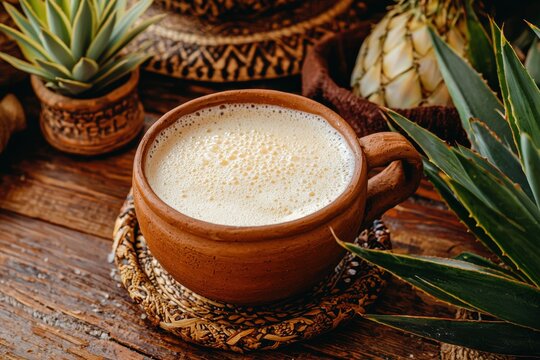 Rustic clay mug with frothy pulque drink, agave leaves and fruit on wood table.