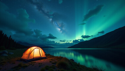 Northern lights over a camping tent by a lake