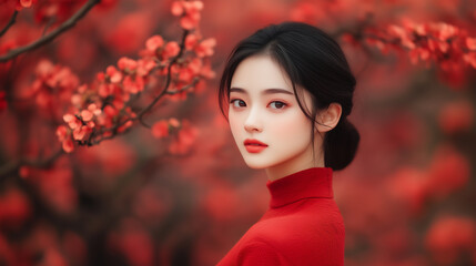 Naklejka premium young woman in red sweater stands amidst vibrant red blossoms, exuding elegance and serenity.