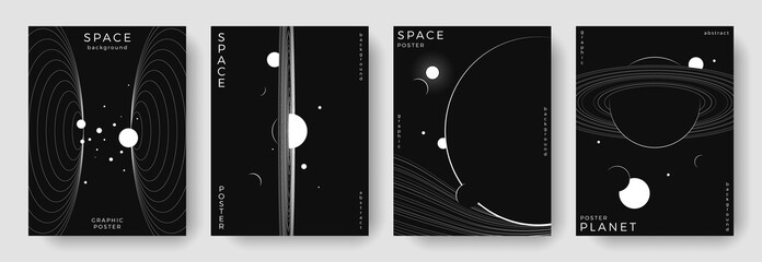 Set of abstract space astronomy backgrounds. Line art galaxy, universe, planet, solar system. Science future concept. Cosmic minimalist design for cover, poster, layout, banner, flyer, brochure