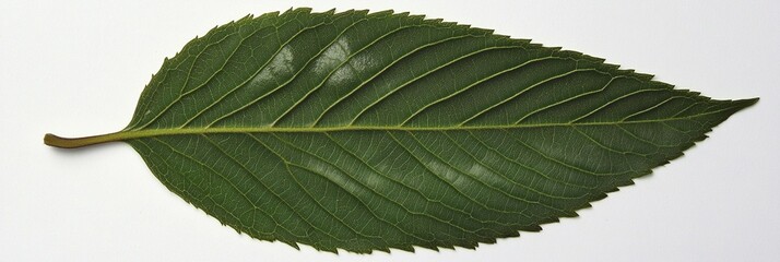 Fototapeta premium Single fresh green leaf with serrated edges isolated on white background, showing detailed vein structure and natural texture. Perfect for botanical studies and design.