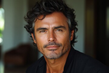 Obraz premium Handsome man with curly hair poses confidently in a bright indoor setting