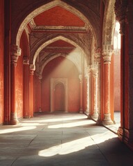 An empty red fort, bathed in sunlight streaming through arches and pillars. 