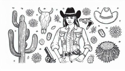Obraz premium Cowboy western doodle set. Hand drawn sketch line style. Cowboy hat, cow skull, gun, cactus element. Wild west perfect any project.
