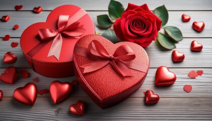 red heartshaped gift boxes with ribbons glitter hearts and a rose on a gray wooden background perfect valentines day image