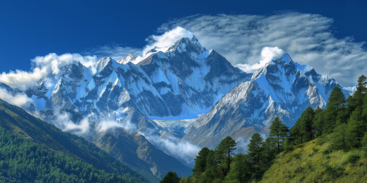 These images capture dramatic views of towering snow-capped mountain peaks, surrounded by clouds and bathed in golden sunlight under a deep blue sky.