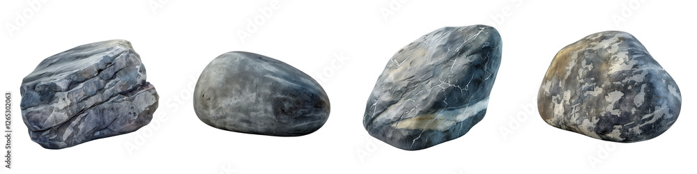 Poster collection of unique natural stones with various textures and patterns sitting on a white background