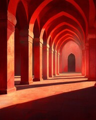 Naklejka premium An empty red fort, bathed in sunlight streaming through arches and pillars. 