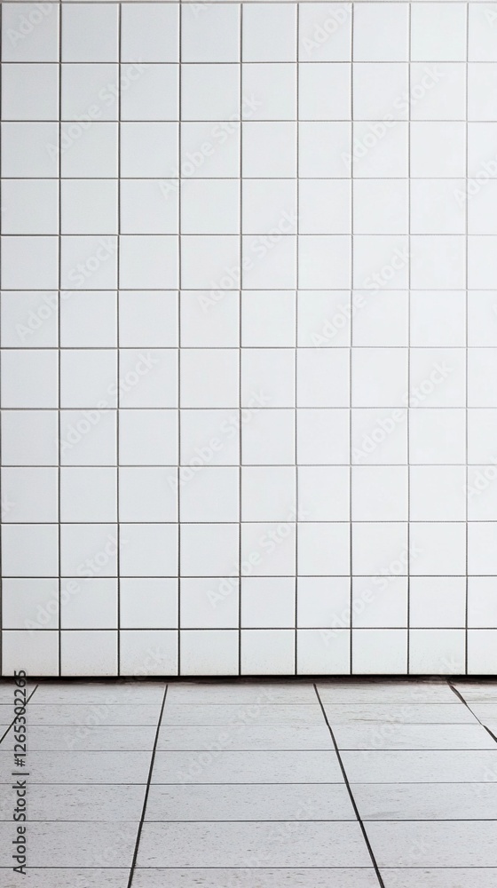 Poster minimalist white tiled bathroom wall and floor creating perfect geometric pattern. clean modern inte