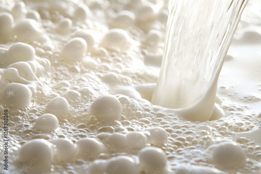 Aufkleber close-up of milk pouring and splashing, creating dynamic bubbles on liquid surface.