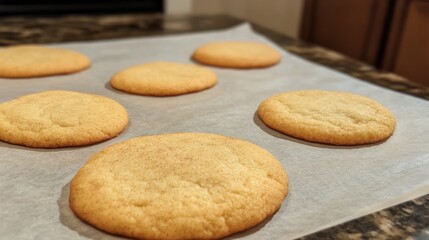Freshly Baked Snickerdoodle Cookies Cooling on Parchment Paper after Baking