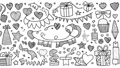 Line frame, sparkle, ribbon hand drawn doodle element set. Party, decoration star, heart element doodle sketch collection. Isolated perfect any project.