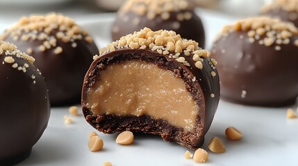 Chocolate-coated truffles filled with creamy peanut butter and sprinkled with crushed peanuts sit on a white plate, showcasing their rich texture and flavor.