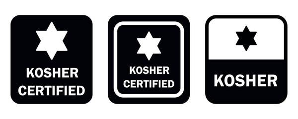 Kosher certified vector icon sign. Food stamp for Jewish products. Black and white square with star of david