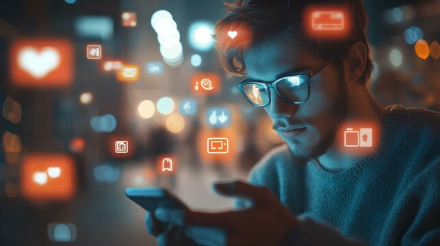 A young man with glasses focuses on his smartphone, surrounded by glowing social media icons in an urban setting illuminated by city lights during twilight. - Powered by Adobe