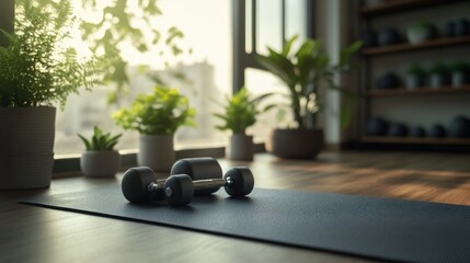 Obraz premium Dumbbells on mat, home gym, sunrise