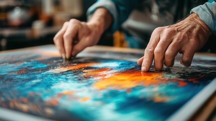 Obraz premium Gallery quality, close-up of hands framing a large, high-quality art print for an exhibition