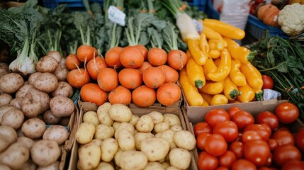 Farmers market produce display, vibrant vegetables