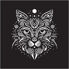 A decorative cat silhouette filled with intricate line art floral patterns. Pet Doodle Face Drawing. thematic cat face line art. space cat concept.