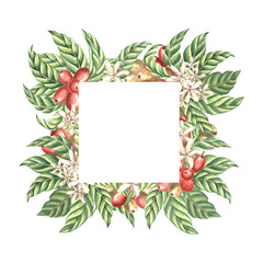 Fototapeta premium Coffee beans, berries with leaves and flowers. Template postcard, border with copy space. Watercolor hand drawn illustration isolated. Square frame of Arabica harvest fruit. Clipart for food design.