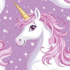 An isolated pattern featuring unicorns and rainbows on a white background