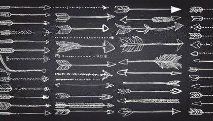 Mexican arrow hand drawn chalkboard element set. African, aztec rustic ethnic arrow, ornament divider. Tribal boho decor design. perfect any project.